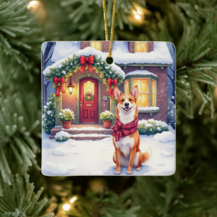 Vattenfärg Basenji Townhouse Jul Högtid Julgransprydnad Keramik
