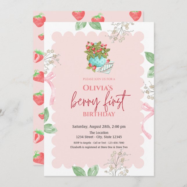 Vattenfärg Basket Jordgubbar 1:a födelsedag Inbjudningar (Fram/baksida)
