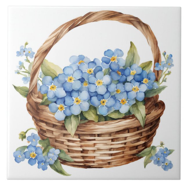 Vattenfärg Basket med blå glöm-me-not-blommor Kakelplatta (Framsidan)