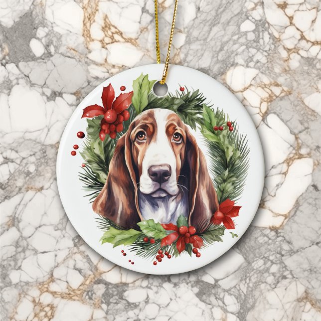 Vattenfärg Basset Hound God jul Julgransprydnad Keramik (Skapare uppladdad)
