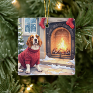 Vattenfärg Basset Hound Mysig Öppen Eld Jul Julgransprydnad Keramik