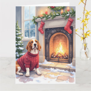 Vattenfärg Basset Hound Mysig Öppen Spis Jul Kort