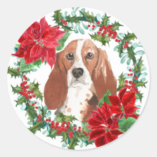 Vattenfärg Basset Hound Poinsettia Helgdag Utandni Runt Klistermärke