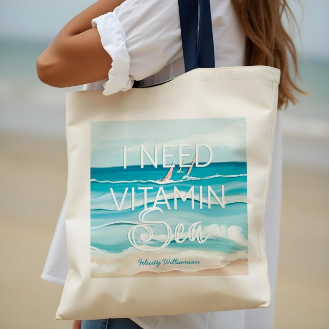 Vattenfärg Beachside Ocean 'I Need Vitamin Sea' Tygkasse (Watercolor Beachside Ocean 'I Need Vitamin Sea" Tote Bag)