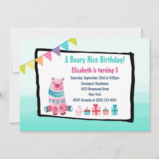Vattenfärg Bear Beary Nice Födelsedagsfest Inbjuda Inbjudningar (Framsida)