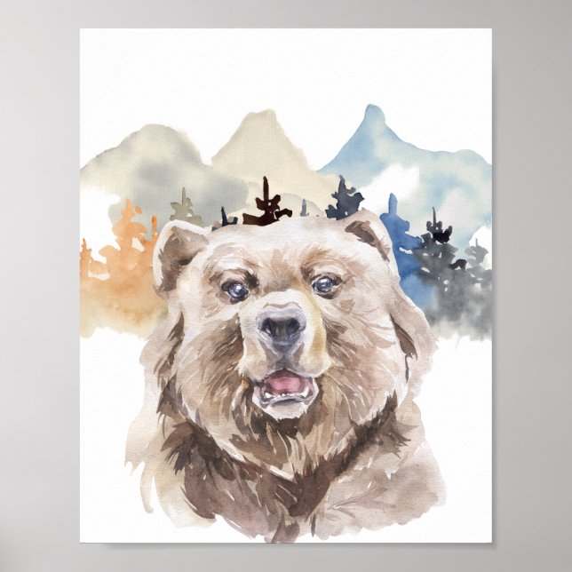 Vattenfärg Bear Forest Nursery Child Woodland Poster (Framsidan)