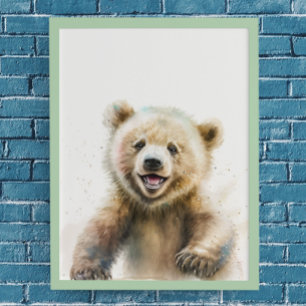 Vattenfärg Bear Unge Nursery Woodland Animal Poster
