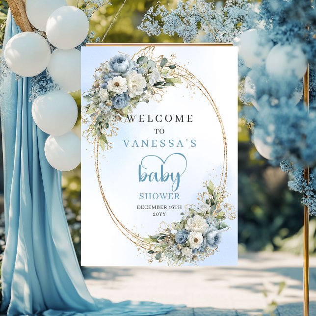 Vattenfärg Bebis Shower Skylt Dammig Blå Blommor   (Watercolor Baby Shower Sign Dusty Blue Florals & Greenery)