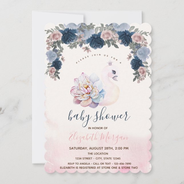 Vattenfärg Bebis Svan Blommig Rosa Bebis Shower Inbjudningar (Framsida)