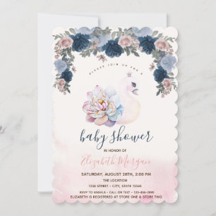 Vattenfärg Bebis Svan Blommig Rosa Bebis Shower Inbjudningar
