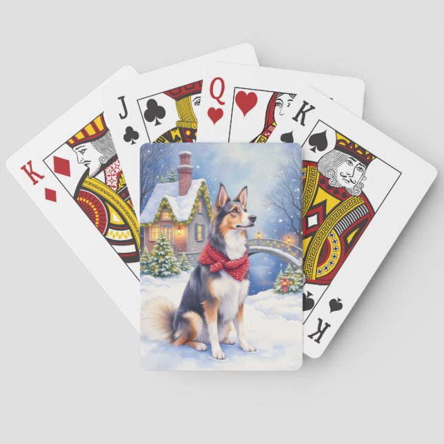 Vattenfärg belgisk fårhund vinter jul casinokort (Baksidan)