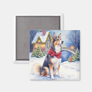 Vattenfärg belgisk fårhund Vinterjul Magnet