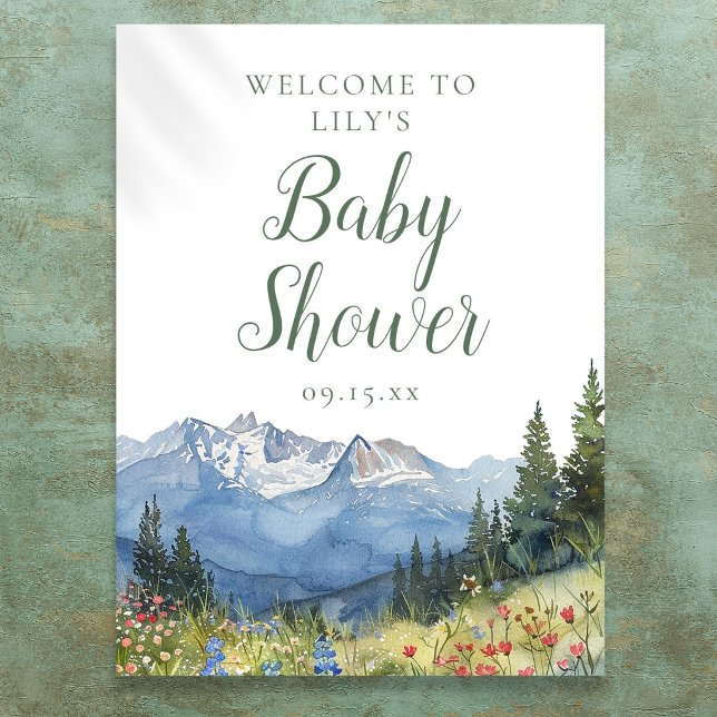 Vattenfärg Berg Bebis Badrums Välkomstskylt Poster (Watercolor Mountain Baby Shower Welcome Sign)