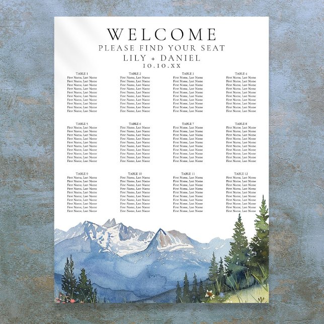 Vattenfärg Berg Blommig Bröllopsplatskarta Poster (Watercolor Mountain Floral Wedding Seating Chart)