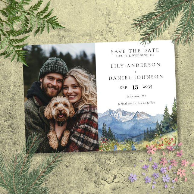 Vattenfärg Berg Floral Foto Bröllop Spara Datumet (Watercolor Mountain Floral Photo Wedding Save The Date)