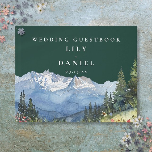 Vattenfärg Berg Floral Smaragdgrön Bröllop Gästböcker (Watercolor Mountain Floral Emerald Green Wedding Guest Book)