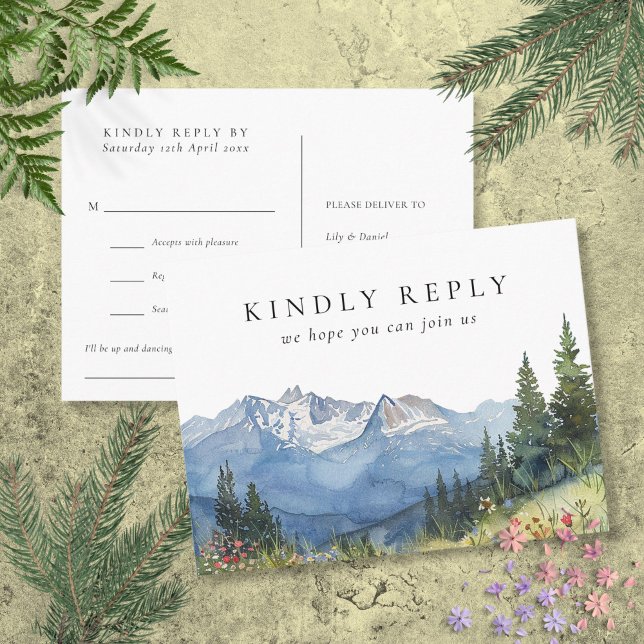Vattenfärg Berg Sång Förfrågan RSVP Postkort Inbjudan Vykort (Watercolor Mountain Song Request RSVP Postcard)