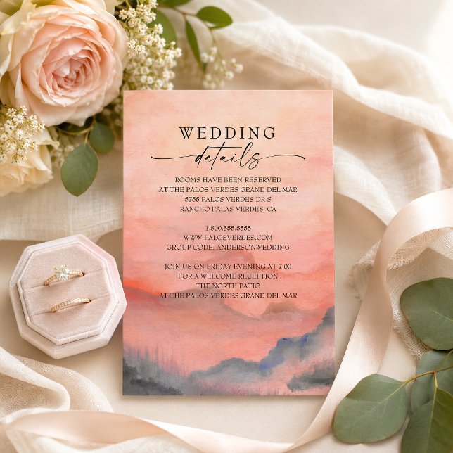 Vattenfärg Berg Solnedgång Rustik Bröllopsinformat Tilläggskort (Provide your guests with all the essential event info using this elegant watercolor mountain detail)