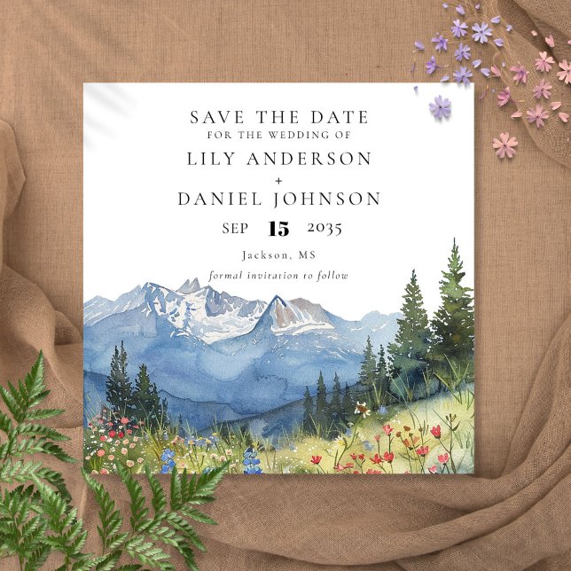 Vattenfärg Berg Vild blomster Bröllop Spara Datumet (Watercolor Mountain Wildflower Floral Wedding Save The Date)