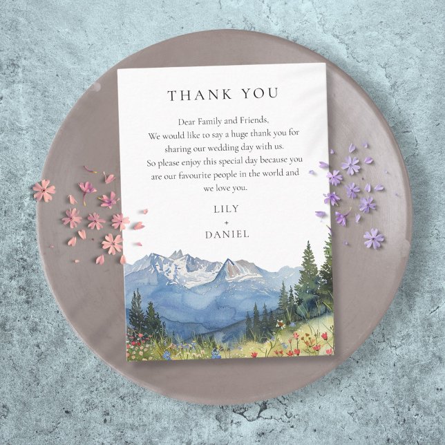 Vattenfärg Berg Vildblomma Bröllop Tack Placeringskort (Watercolor Mountain Wildflower Wedding Thank You Place Card)