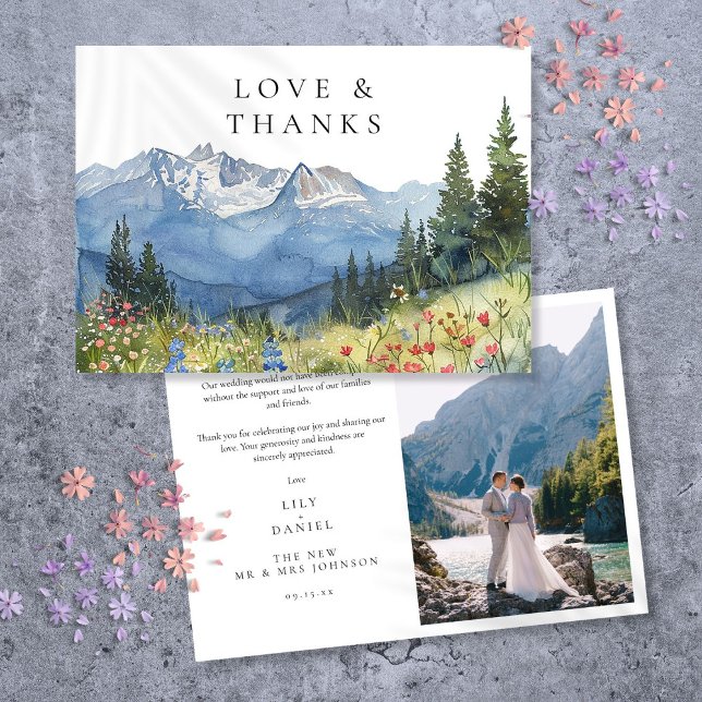 Vattenfärg Berg Vildblomma Bröllopsfoto Tack Kort (Watercolor Mountain Wildflower Wedding Photo Thank You Card)