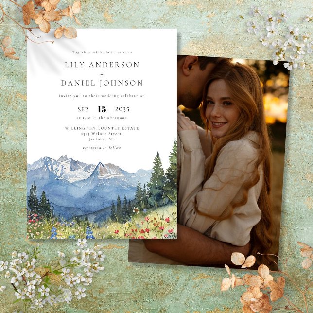 Vattenfärg Berg Vildblomma Foto Bröllop Inbjudningar (Watercolor Mountain Wildflower Photo Wedding Invitation)