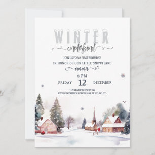 Vattenfärg Berg Vinter onederland 1-årsdag Inbjudningar