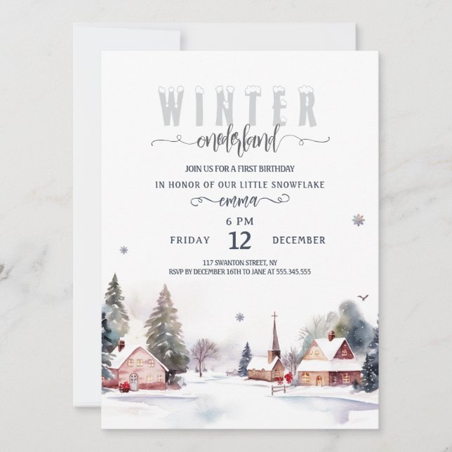 Vattenfärg Berg Vinter onederland 1-årsdag Inbjudningar (Framsida)