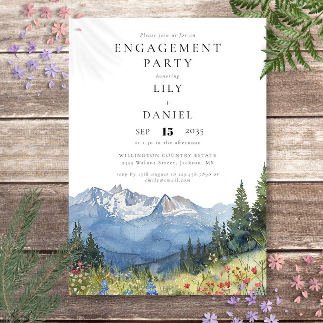 Vattenfärg Bergsvildblommor Förlovningsfest Inbjudningar (Watercolor Mountain Wildflowers Engagement Party Invitation)