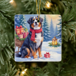 Vattenfärg Bernese Mountain Dog släde jul Julgransprydnad Keramik