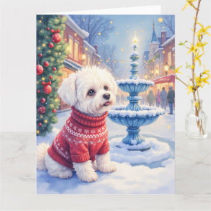 Vattenfärg Bichon Frise Festiva Fontän Jul Kort