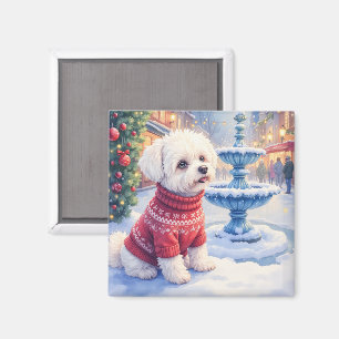 Vattenfärg Bichon Frise Festiva Fontän Jul Magnet
