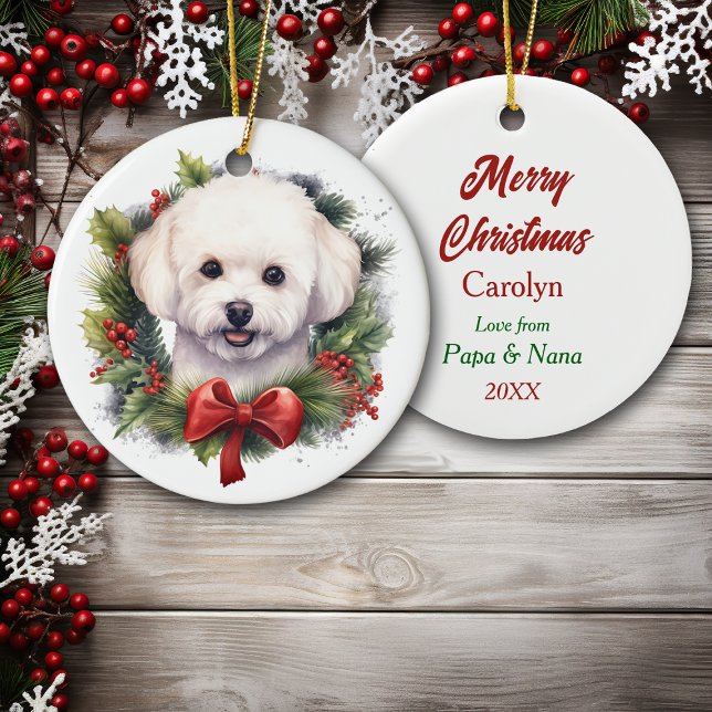 Vattenfärg Bichon Frise Hund Red Bow Wandeans Julgransprydnad Keramik (Skapare uppladdad)