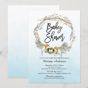 Vattenfärg Bird Nest Twillingars Baby Shower Inbju Inbjudningar