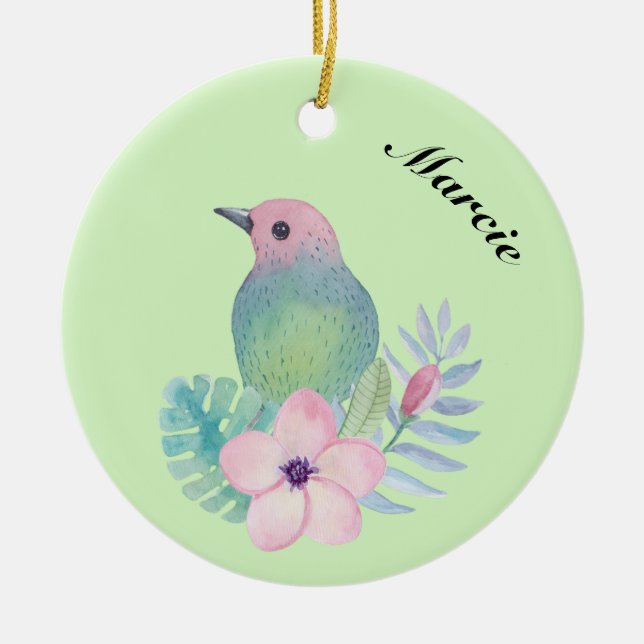 Vattenfärg Bird och Flower Julgransprydnad Keramik (Framsidan)