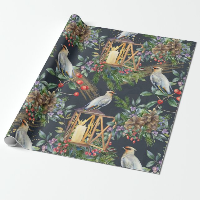 Vattenfärg Bird och Lantern Design jul Presentpapper (Utrullad)