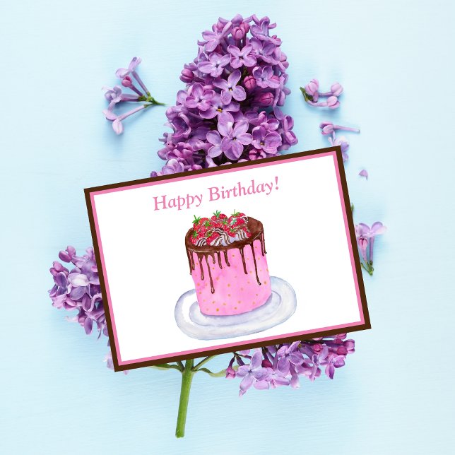 Vattenfärg Birthday Chocolate Strawbär Cake Kort (Sweetness, joy, and delight in a hand-painted watercolor cake.)