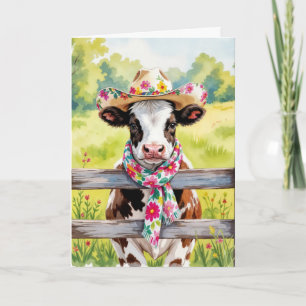 Vattenfärg Birthday Cow Wat a Summer Hat Kort