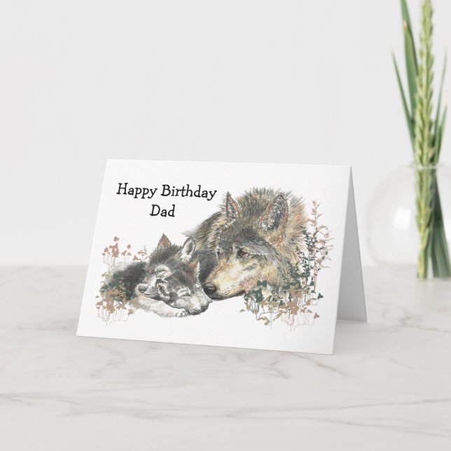 Vattenfärg Birthday Pappa Varg & Unge Animal Art Kort (Framsida)