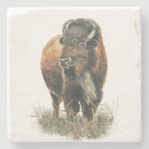 Vattenfärg Bison Buffalo Animal Natature Art Stenunderlägg
