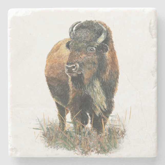 Vattenfärg Bison Buffalo Animal Natature Art Stenunderlägg (Framsidan)