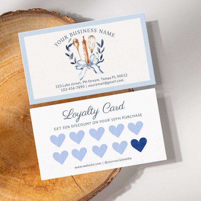 Vattenfärg Blå Båge Redskap Matlagning Bageri Lojalitetskort (Blue Bow utensils cooking bakery loyalty card)