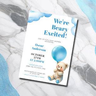 Vattenfärg Blå Ballong Sittande Björn Baby Shower Inbjudningar
