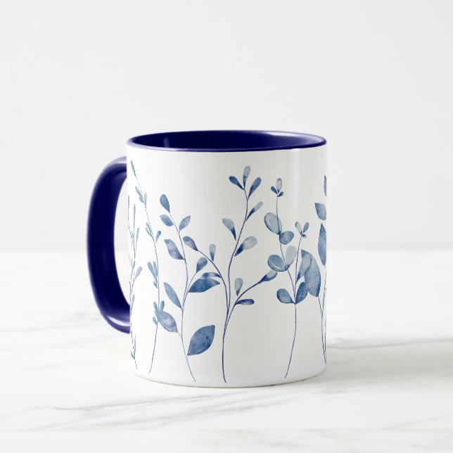 Vattenfärg Blå Blad Mugg (Framsida vänster)