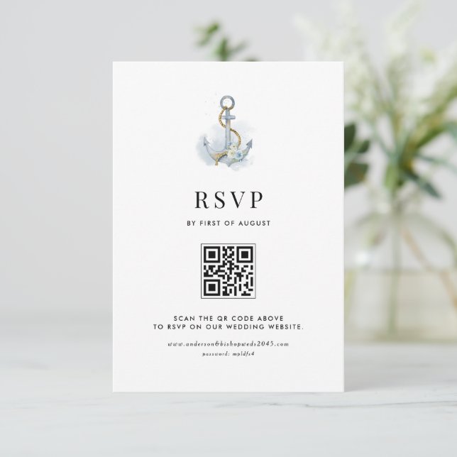 Vattenfärg Blå Blommig Ankar Nautilus QR-kod OSA Kort (Stående Fram)