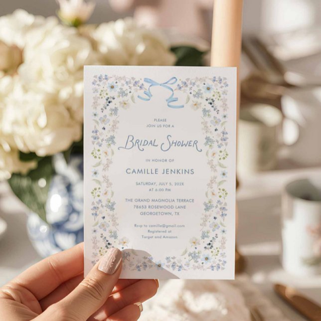 Vattenfärg Blå Blommig Bröllopsbrunch med Båge Inb Inbjudningar (Blue Floral Bridal Shower Invitation)