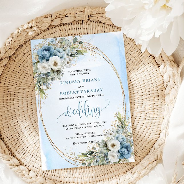 Vattenfärg Blå Blommig Grönska Guld Bröllopsinbjud Inbjudningar (Watercolor Blue Floral Greenery Gold Wedding Invite)