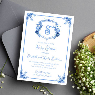 Vattenfärg Blå Blommig Monogram Vapen Babyshower Inbjudningar