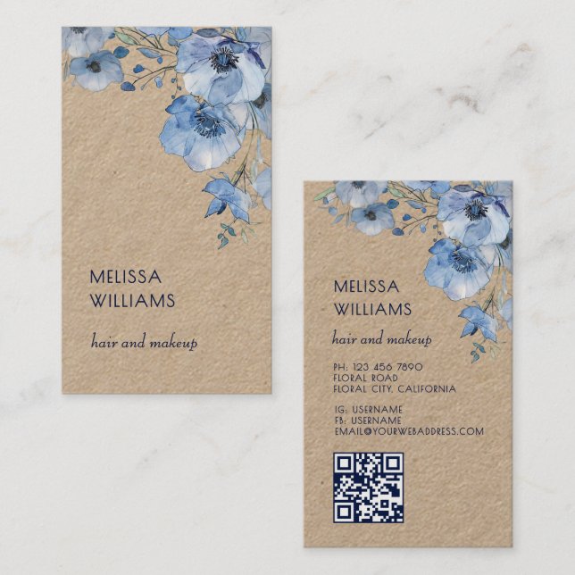 Vattenfärg Blå Blommig | Qr-kod Rustik Visitkort (Fram/baksida)