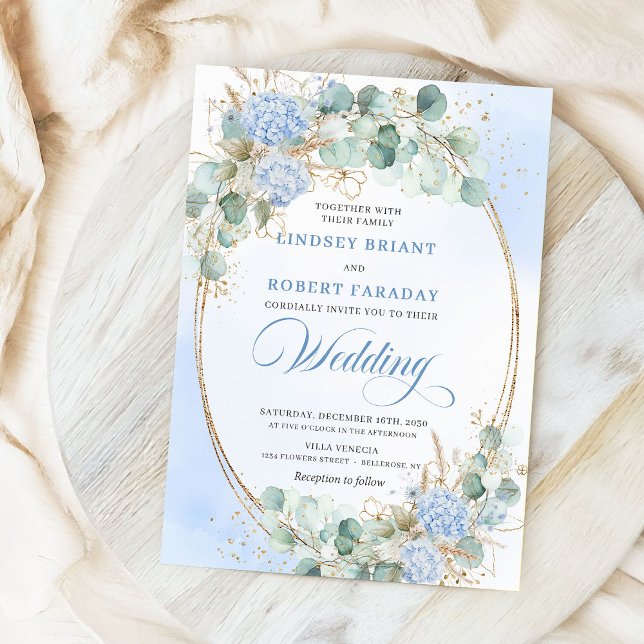 Vattenfärg Blå Blommig Vete Guld Bröllopsinbjudan Inbjudningar (Watercolor Blue Floral Wheat Gold Wedding Invitation)
